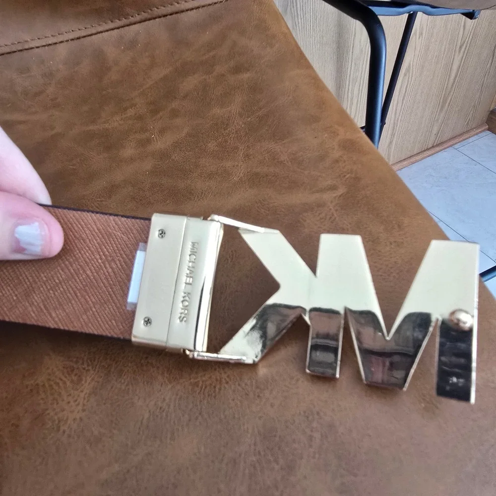 Michael Kors Reversible MK Logo Belt Gold Buckle Monogram Tan Saffiano 33-37